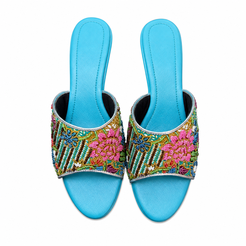 (HT-FLOPI) Turquoise Heels - Pink Beaded Flower