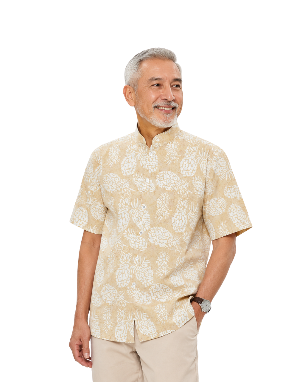 (SSMC-PI-BEI) Short Sleeve Mandarin Collar Beige Pineapple Shirt