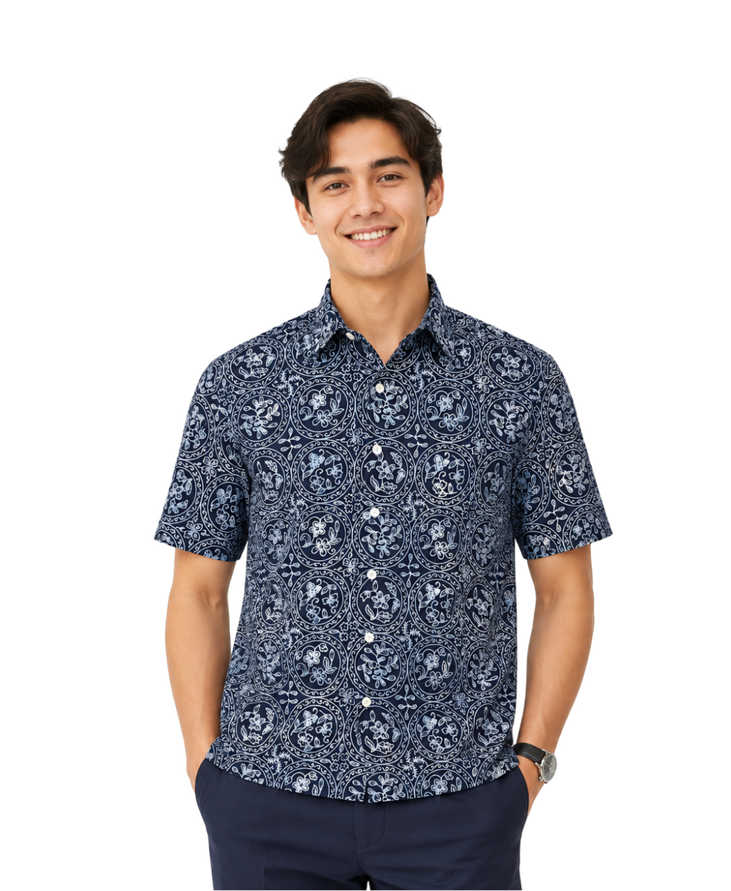 (SSPC-C-BLU) Short Sleeve Pointed Collar Blue Circles Shirt
