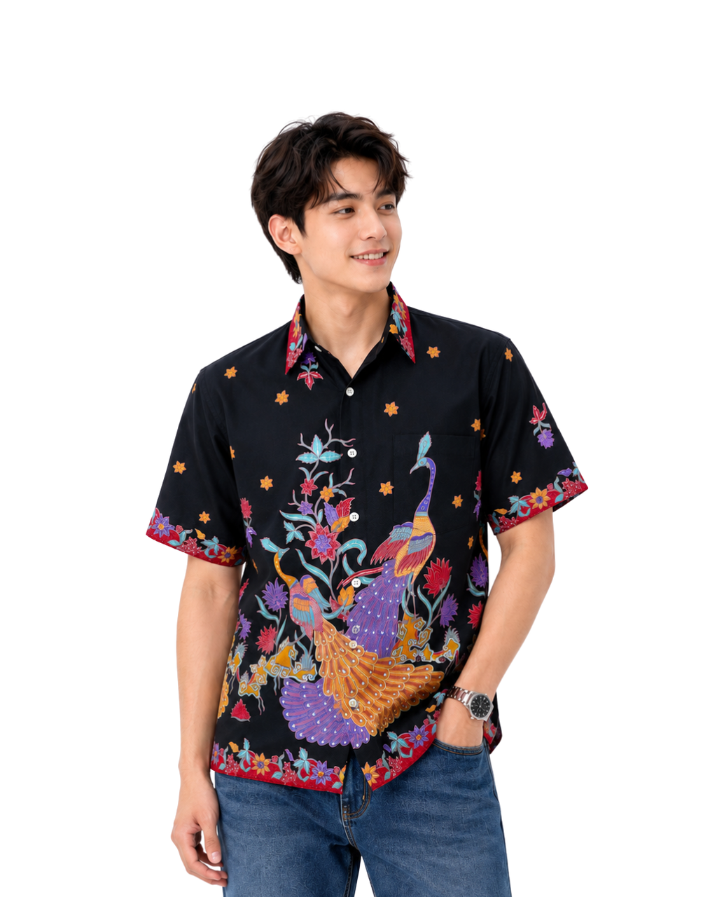 (SSPC-PE-BLKRED) Short Sleeve Pointed Collar Black Red Peacock Shirt