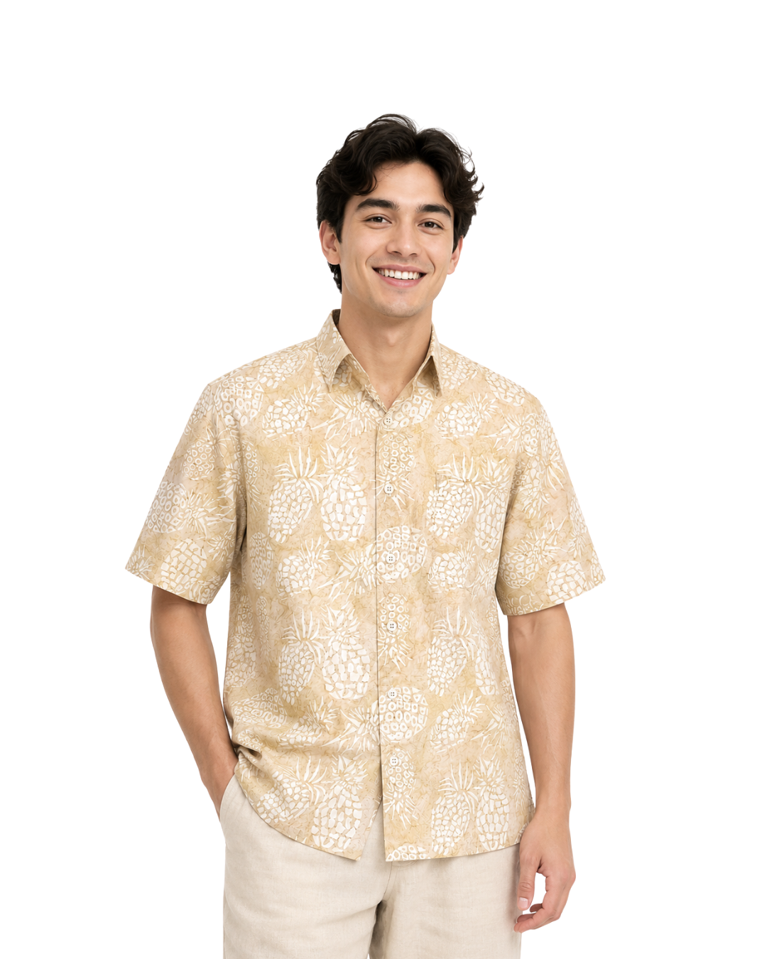 (SSPC-PI-BEI) Short Sleeve Pointed Collar Beige Pineapple Shirt