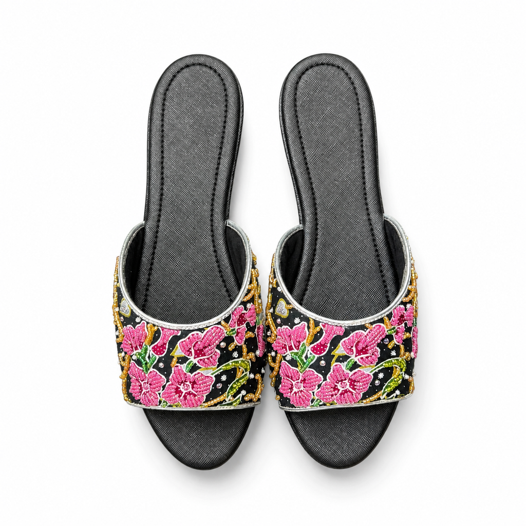 (FBLK-ORPNK) Black Flats - Pink Beaded Orchid