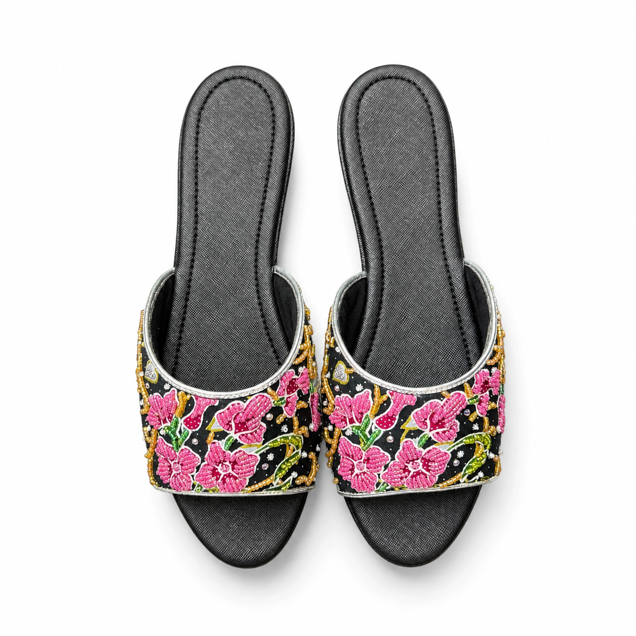 (FBLK-ORPNK) Black Flats - Pink Beaded Orchid