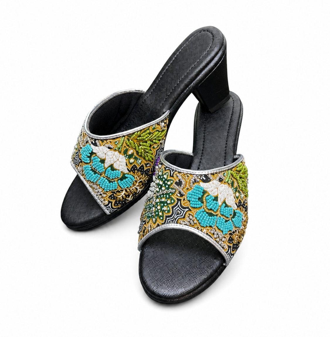 (HBLK-FLOTURPUR) Black Heels - Turquoise Purple Beaded Flower