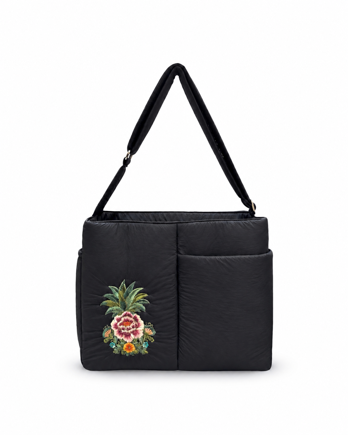(LTBPEWTB-BLK-PP) Black Puffer Pineapple Peony Embroidery Shoulder & Crossbody Work Tote Bag