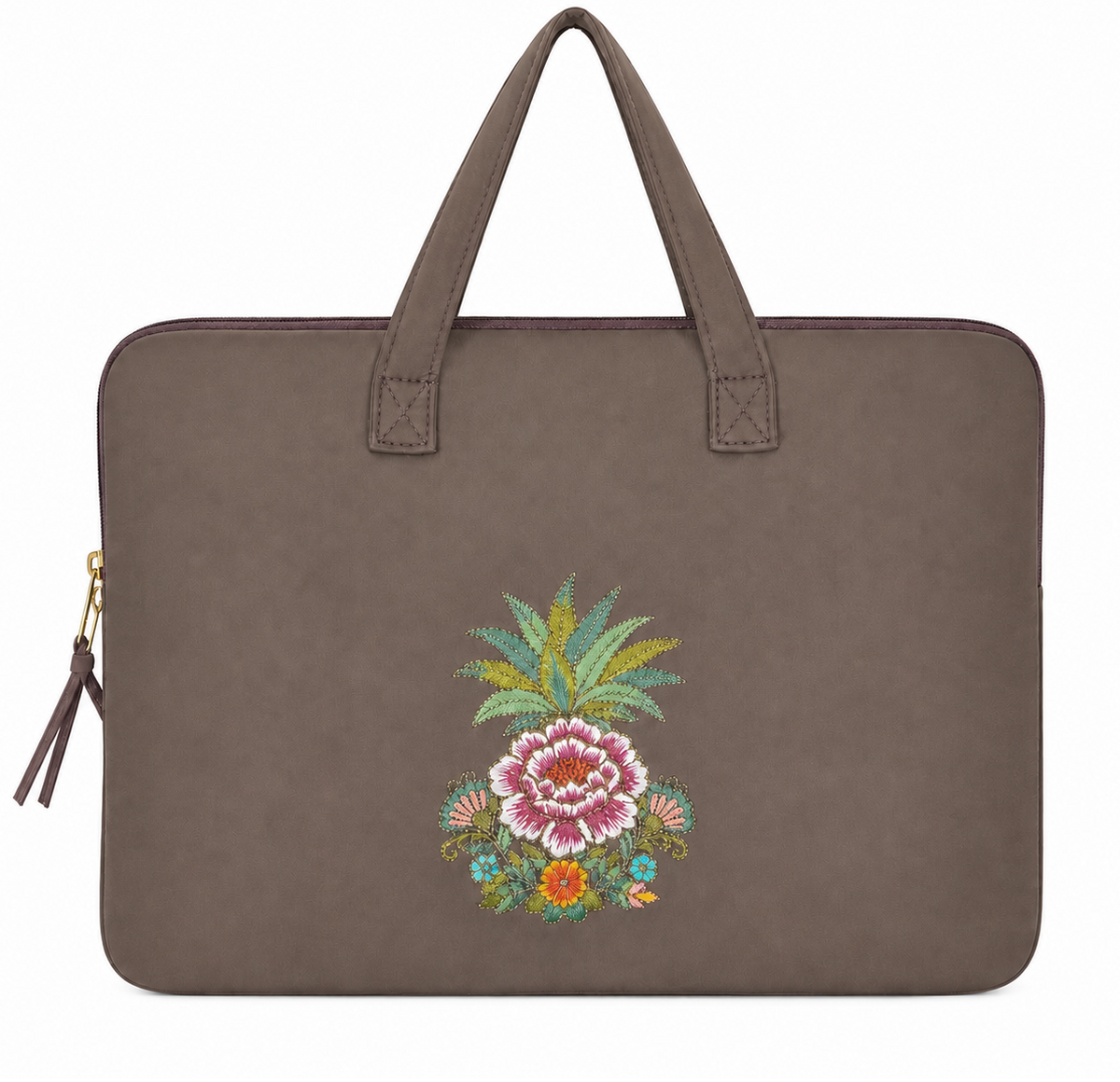 (LTBPELB-BRN-PP) Brown Puffer Pineapple Peony Embroidery Laptop Bag