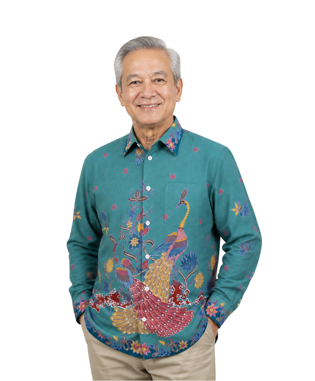 (LSPC-PE-TUR) Long Sleeve Pointed Collar Turquoise Peacock Shirt