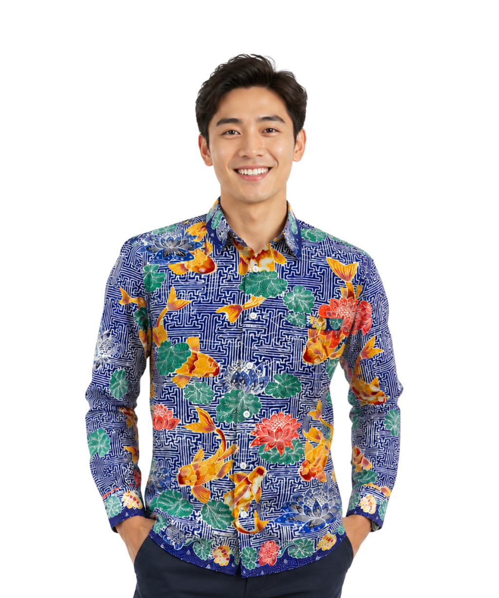 (LSPC-CF-BLU) Long Sleeve Pointed Collar Blue Clownfish Shirt