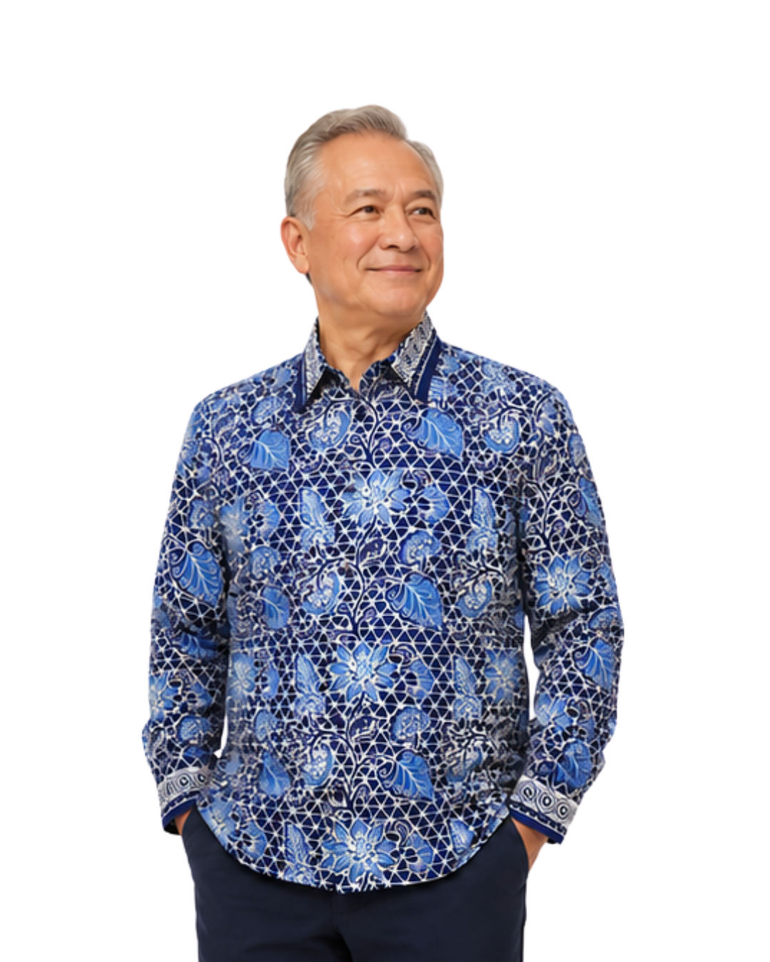 (LSPC-FL-BLU) Long Sleeve Pointed Collar Blue Flower Shirt