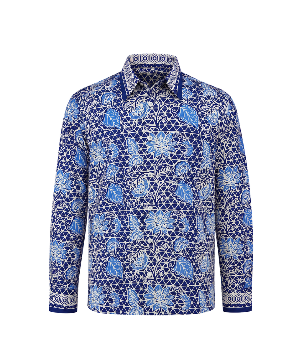 (LSPC-FL-BLU) Long Sleeve Pointed Collar Blue Flower Shirt