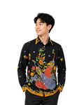 (LSPC-PE-BLKORG) Long Sleeve Pointed Collar Black Orange Peacock Shirt
