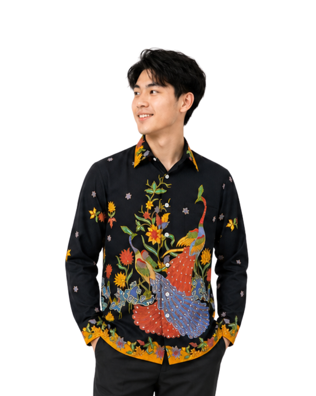 (LSPC-PE-BLKORG) Long Sleeve Pointed Collar Black Orange Peacock Shirt
