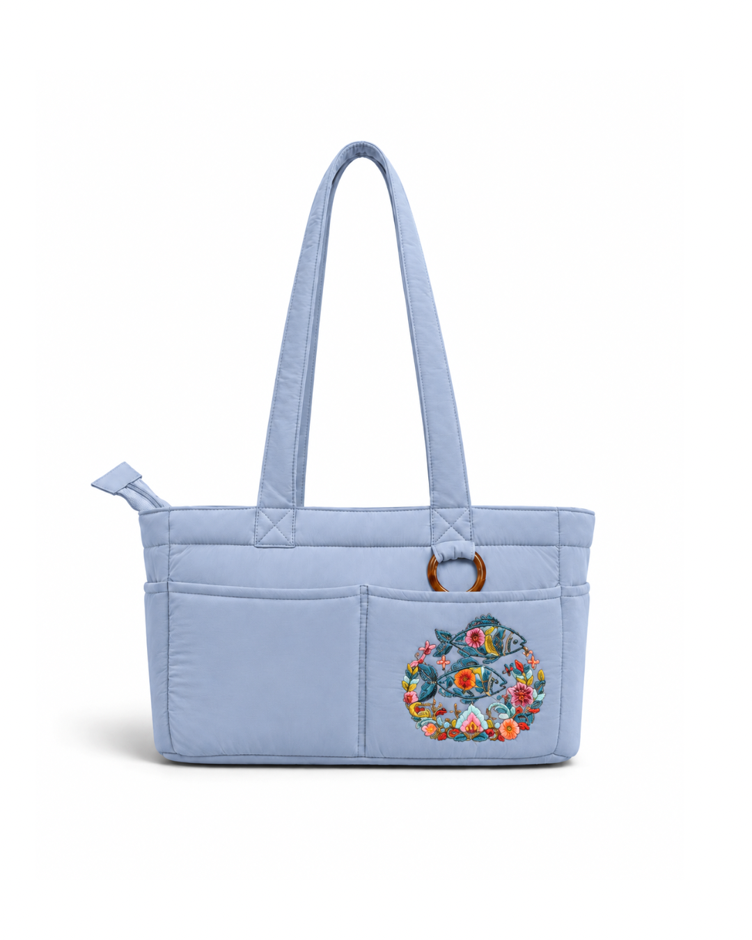(TTCPEBB-LBL-FF) Light Blue Puffer Flower Fish Embroidery Boston Bag