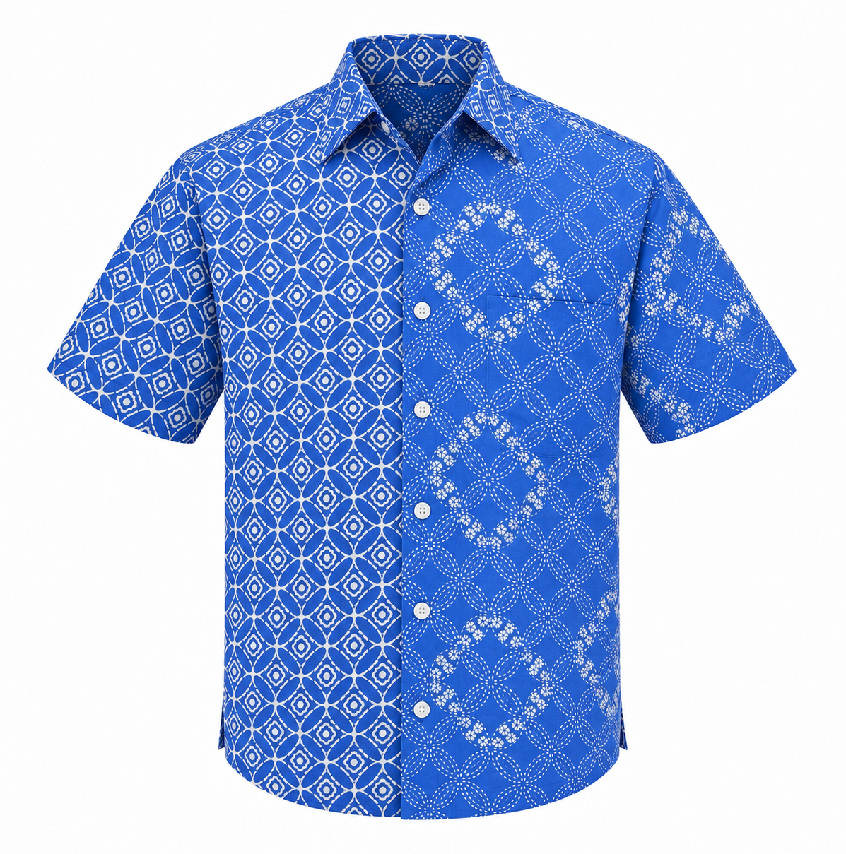 (SSPC-DGE-BLU) Short Sleeve Pointed Collar Azure Blue Geometric Batik Shirt