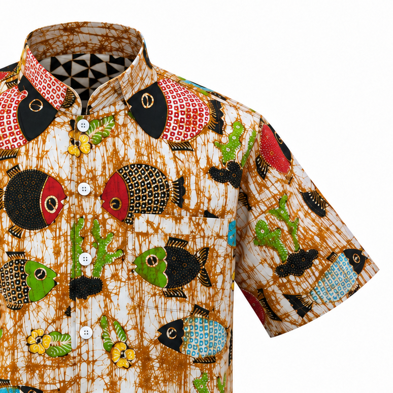 (SSMC-FIT-BEI) Short Sleeve Mandarin Collar Beige Abstract Fish Hand-Drawn Batik Shirt