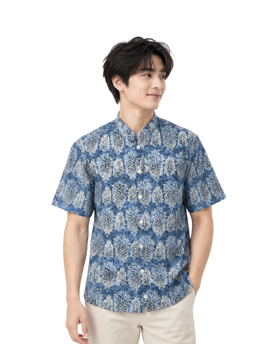 (SSMC-PIM-BLU) Short Sleeve Mandarin Collar Blue Mini Pineapple Batik Shirt