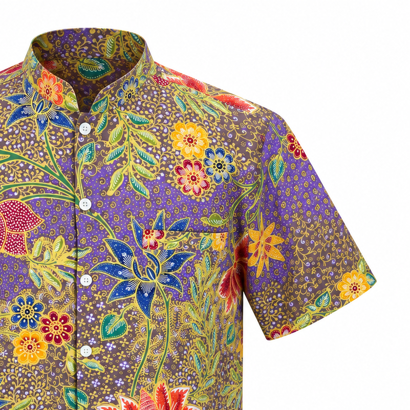 (SSMC-LTF-PUR) Short Sleeve Mandarin Collar Purple Lotus Floral Hand-Drawn Batik Shirt