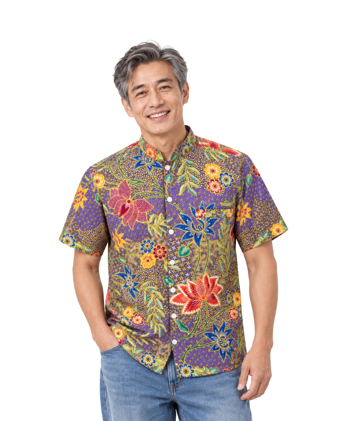 (SSMC-LTF-PUR) Short Sleeve Mandarin Collar Purple Lotus Floral Hand-Drawn Batik Shirt