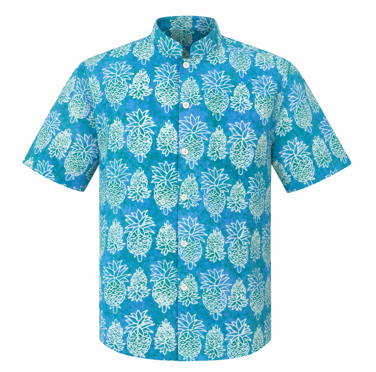 (SSMC-PIM-TUR) Short Sleeve Mandarin Collar Turquoise Mini Pineapple Batik Shirt