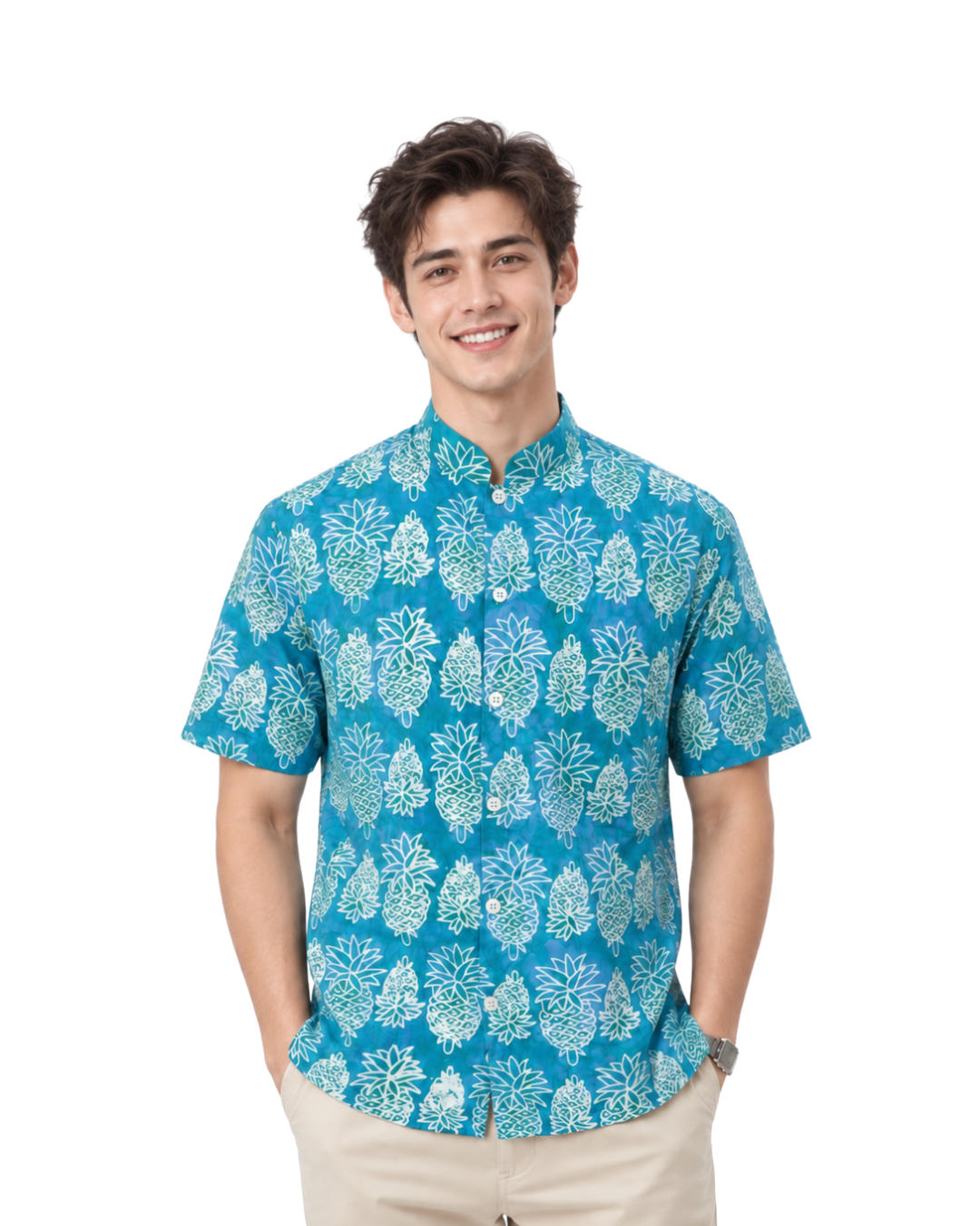 (SSMC-PIM-TUR) Short Sleeve Mandarin Collar Turquoise Mini Pineapple Batik Shirt