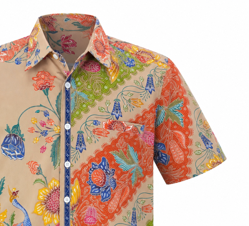 (SSPC-PET-BEI) Short Sleeve Pointed Collar Beige Peacock Hand-Drawn Batik Shirt