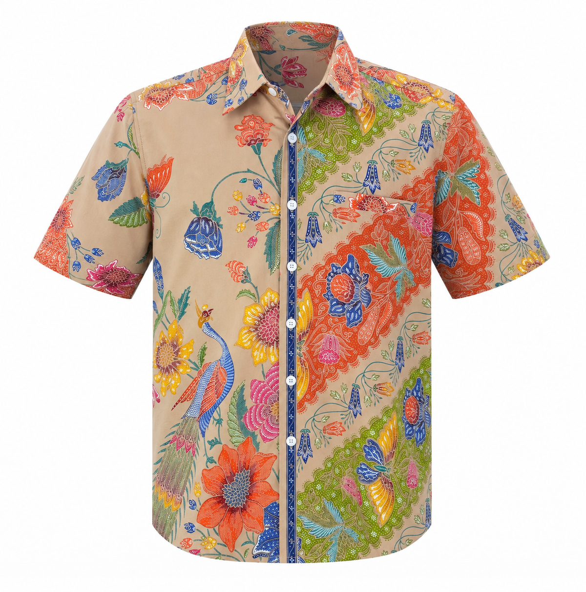 (SSPC-PET-BEI) Short Sleeve Pointed Collar Beige Peacock Hand-Drawn Batik Shirt
