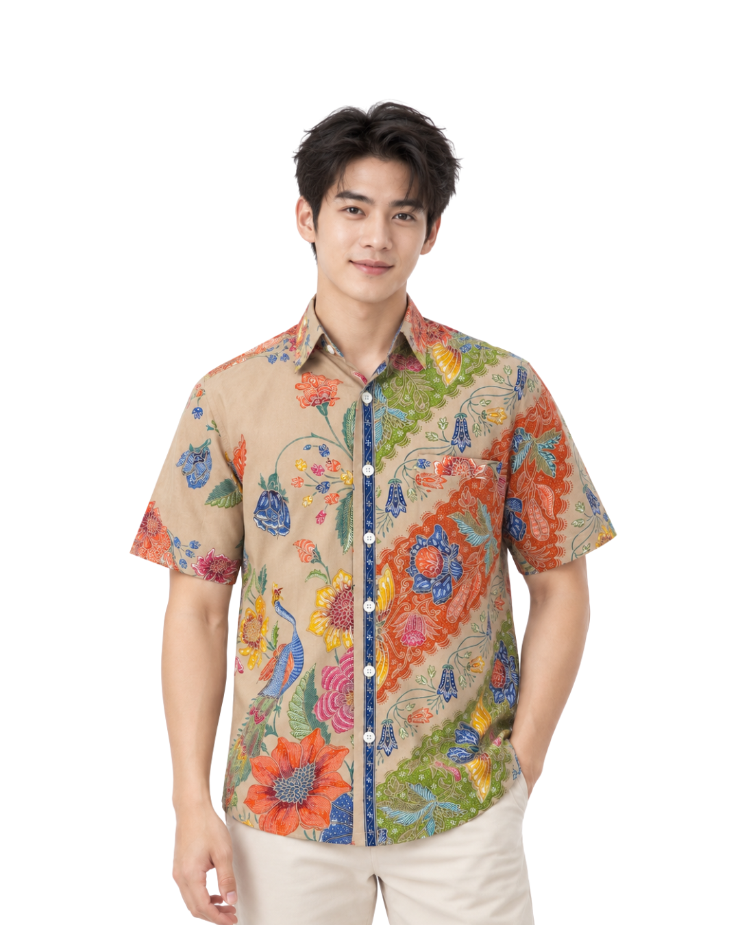 (SSPC-PET-BEI) Short Sleeve Pointed Collar Beige Peacock Hand-Drawn Batik Shirt
