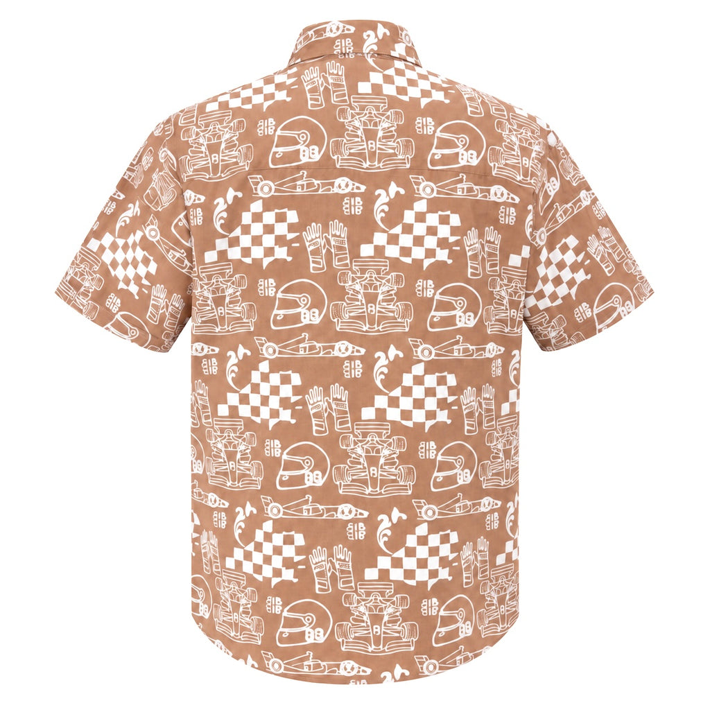 (SSPC-RF-BEI) Short Sleeve Pointed Collar Beige Racing Flags Batik Shirt