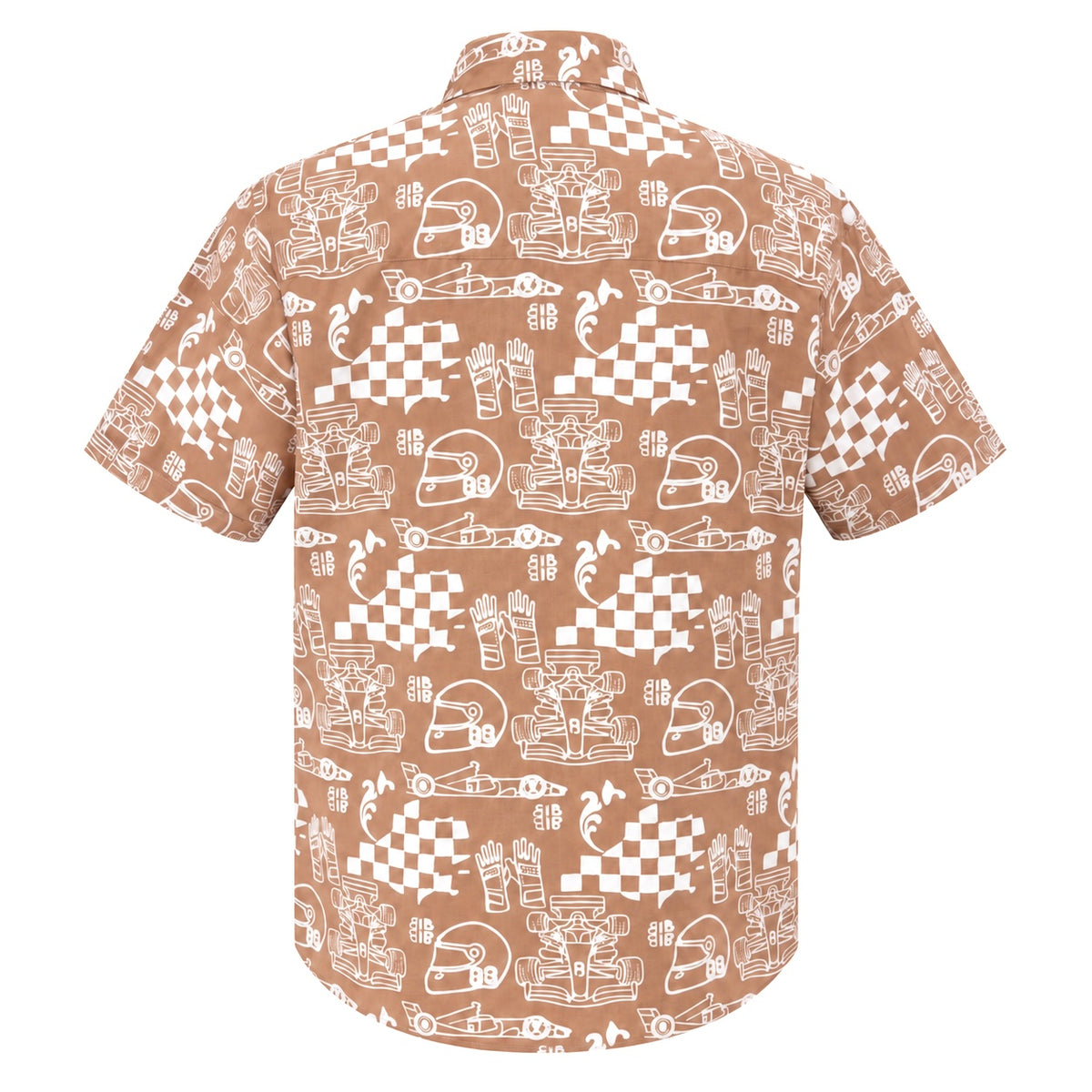 (SSPC-RF-BEI) Short Sleeve Pointed Collar Beige Racing Flags Batik Shirt
