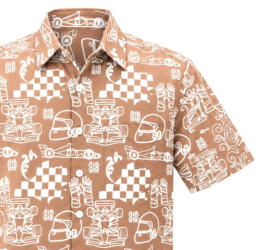 (SSPC-RF-BEI) Short Sleeve Pointed Collar Beige Racing Flags Batik Shirt