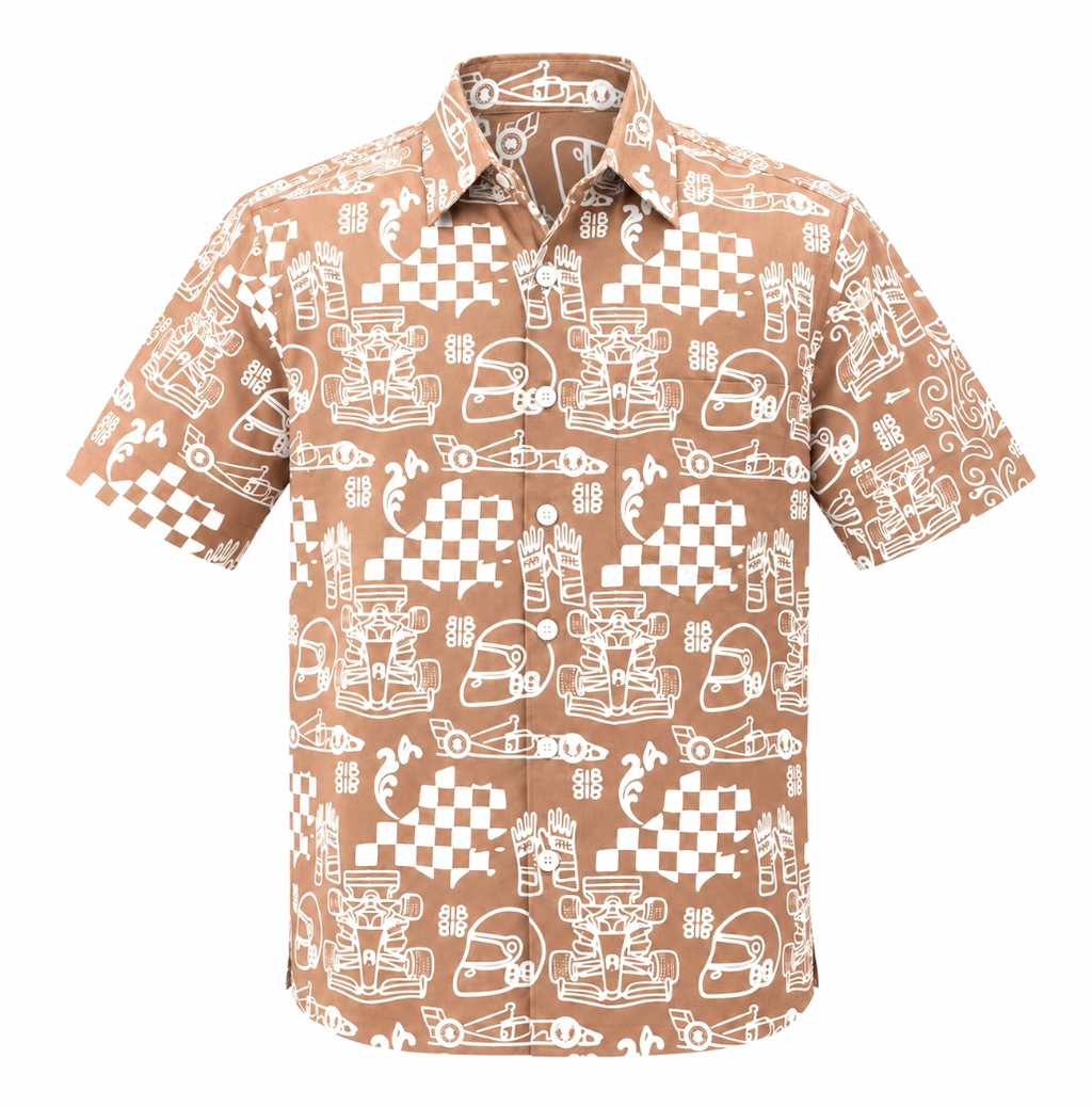 (SSPC-RF-BEI) Short Sleeve Pointed Collar Beige Racing Flags Batik Shirt