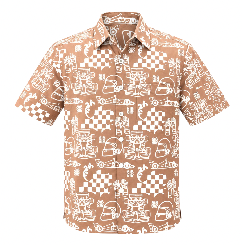 (SSPC-RF-BEI) Short Sleeve Pointed Collar Beige Racing Flags Batik Shirt