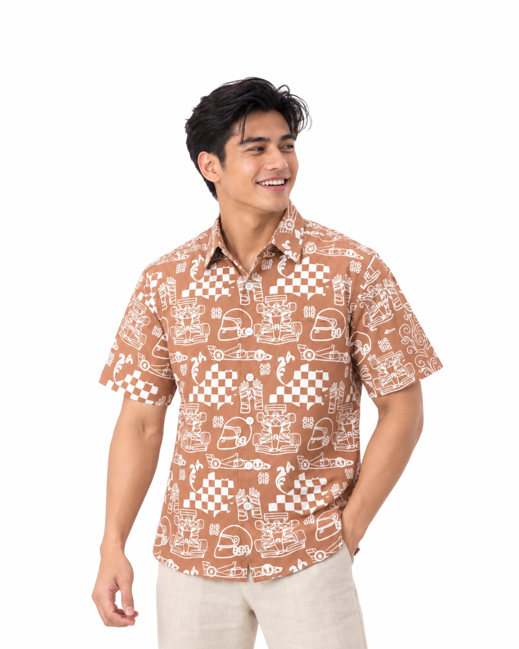 (SSPC-RF-BEI) Short Sleeve Pointed Collar Beige Racing Flags Batik Shirt