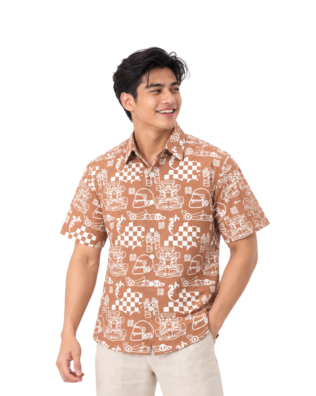 (SSPC-RF-BEI) Short Sleeve Pointed Collar Beige Racing Flags Batik Shirt