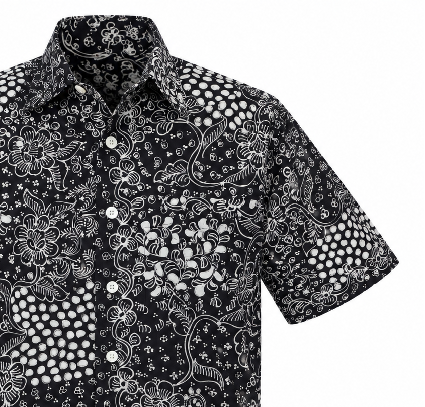 (SSPC-FIT-BLK) Short Sleeve Pointed Collar Black Floral Hand-Drawn Batik Shirt