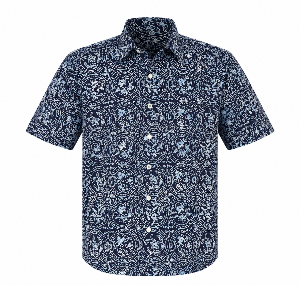 (SSPC-C-BLU) Short Sleeve Pointed Collar Blue Circles Batik Shirt