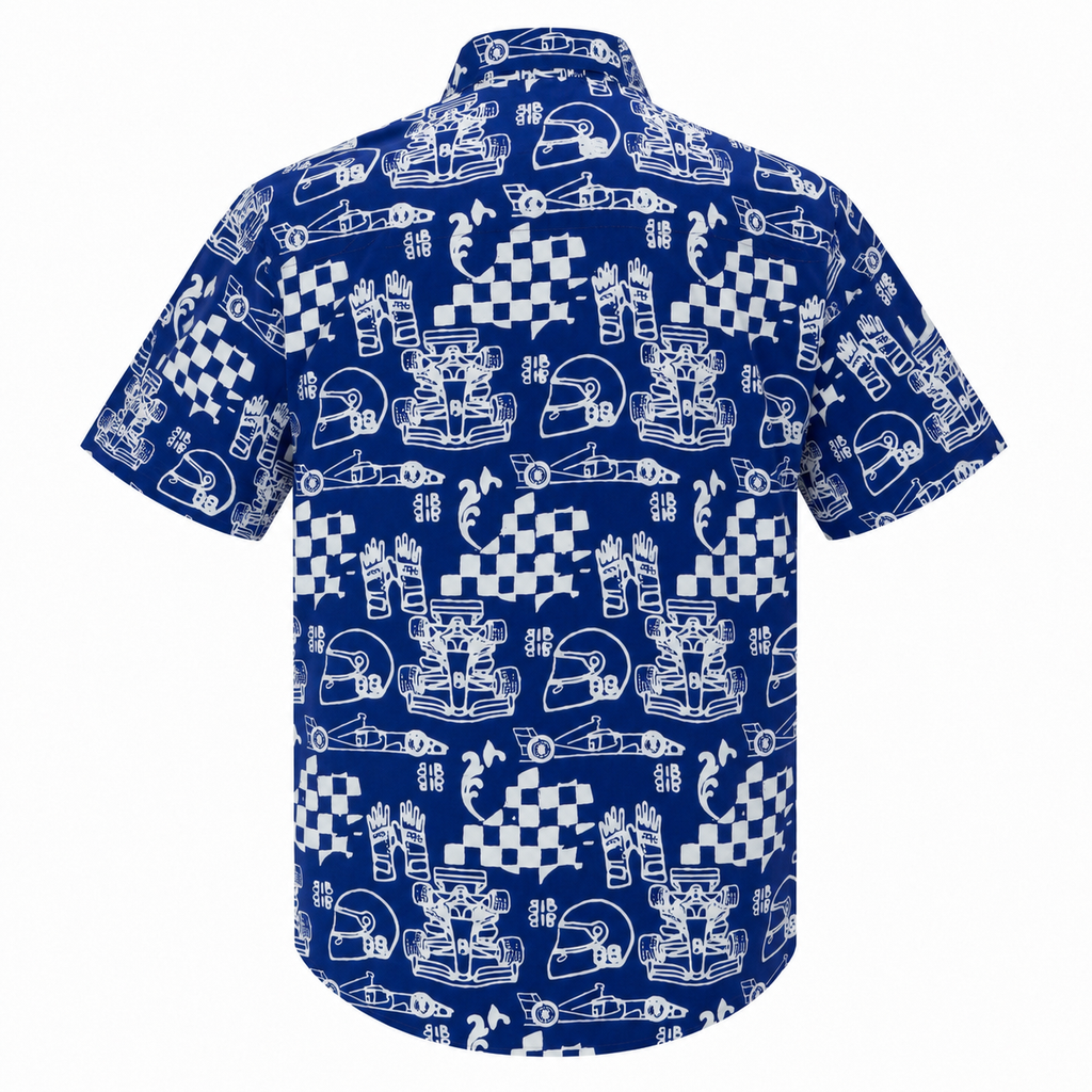 (SSPC-RF-BLU) Short Sleeve Pointed Collar Blue Racing Flags Batik Shirt