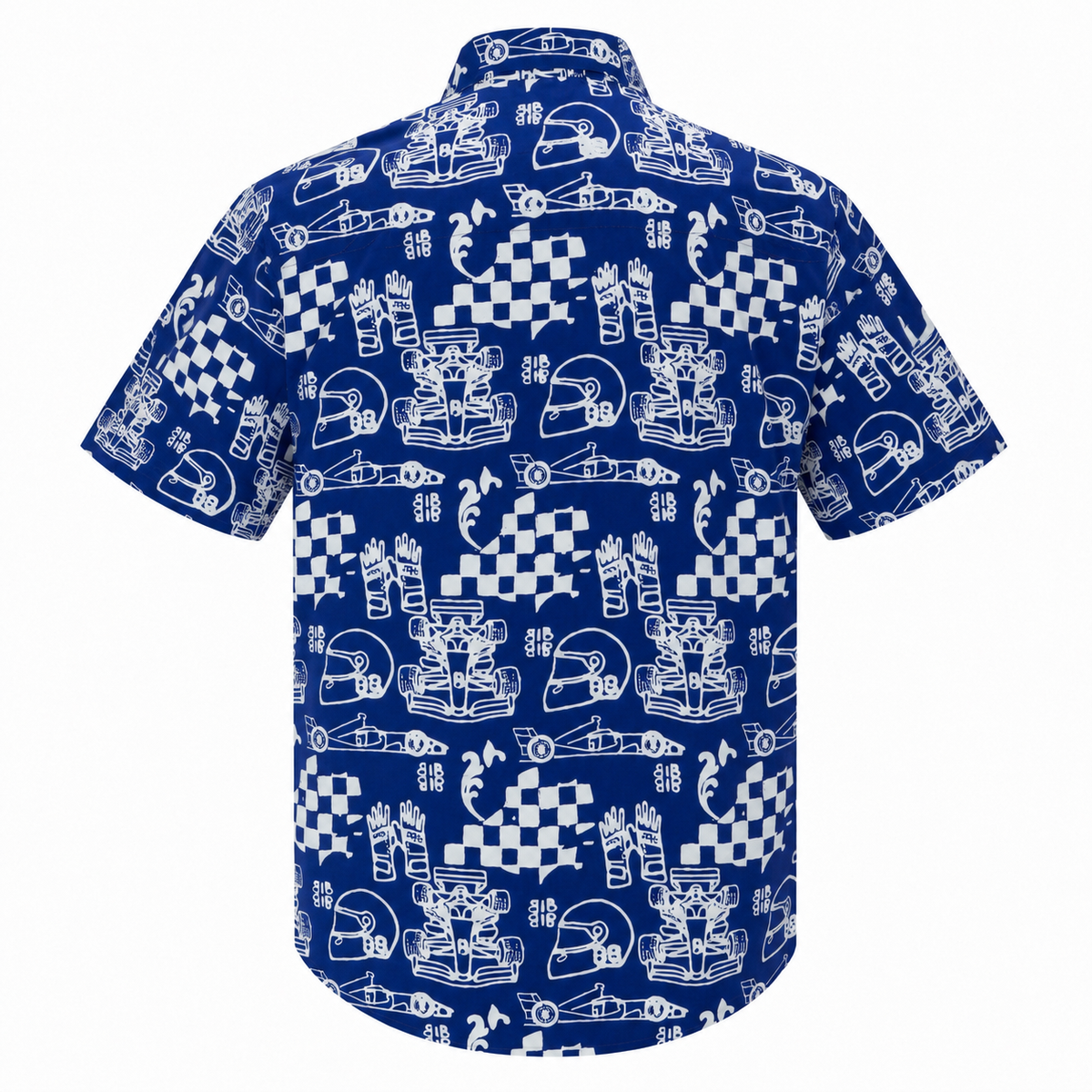 (SSPC-RF-BLU) Short Sleeve Pointed Collar Blue Racing Flags Batik Shirt