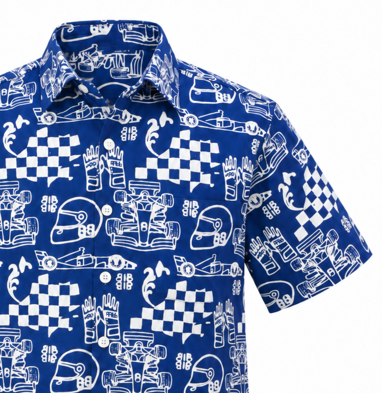 (SSPC-RF-BLU) Short Sleeve Pointed Collar Blue Racing Flags Batik Shirt