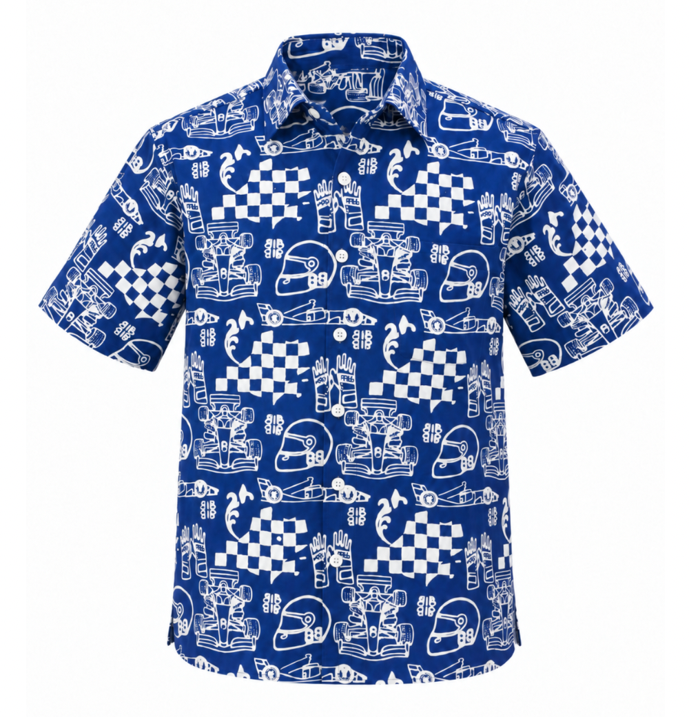 (SSPC-RF-BLU) Short Sleeve Pointed Collar Blue Racing Flags Batik Shirt