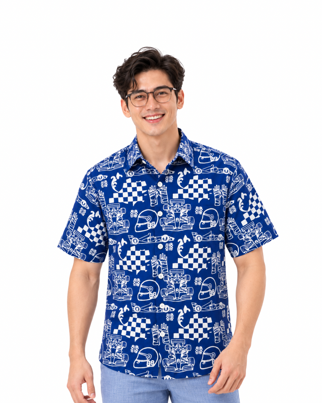 (SSPC-RF-BLU) Short Sleeve Pointed Collar Blue Racing Flags Batik Shirt