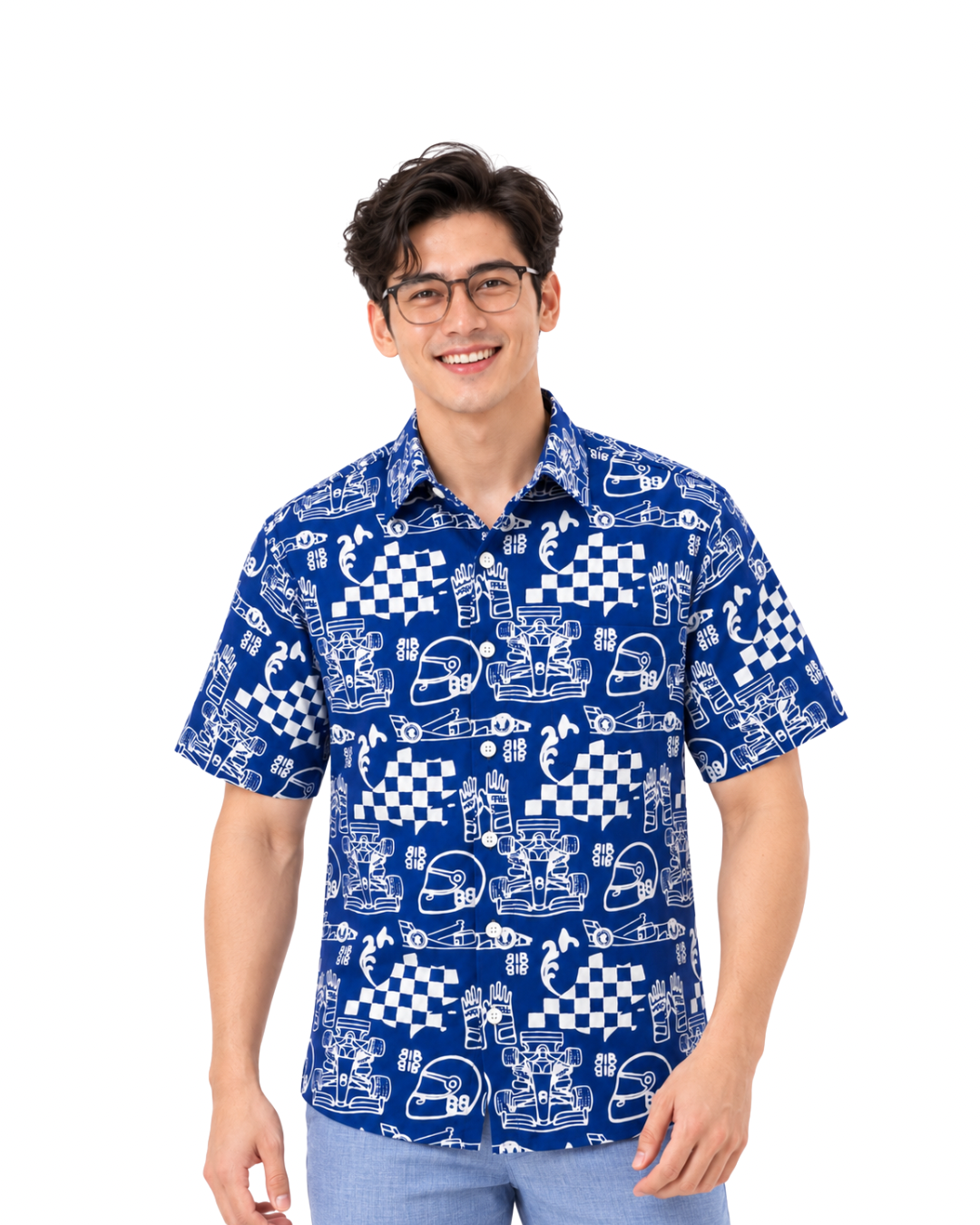 (SSPC-RF-BLU) Short Sleeve Pointed Collar Blue Racing Flags Batik Shirt
