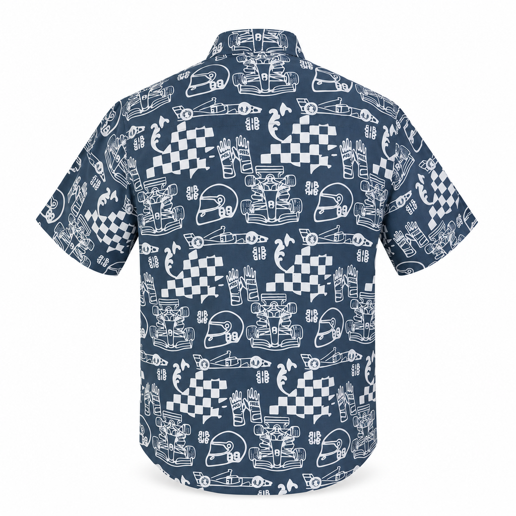 (SSPC-RF-GRY) Short Sleeve Pointed Collar Grey Racing Flags Batik Shirt
