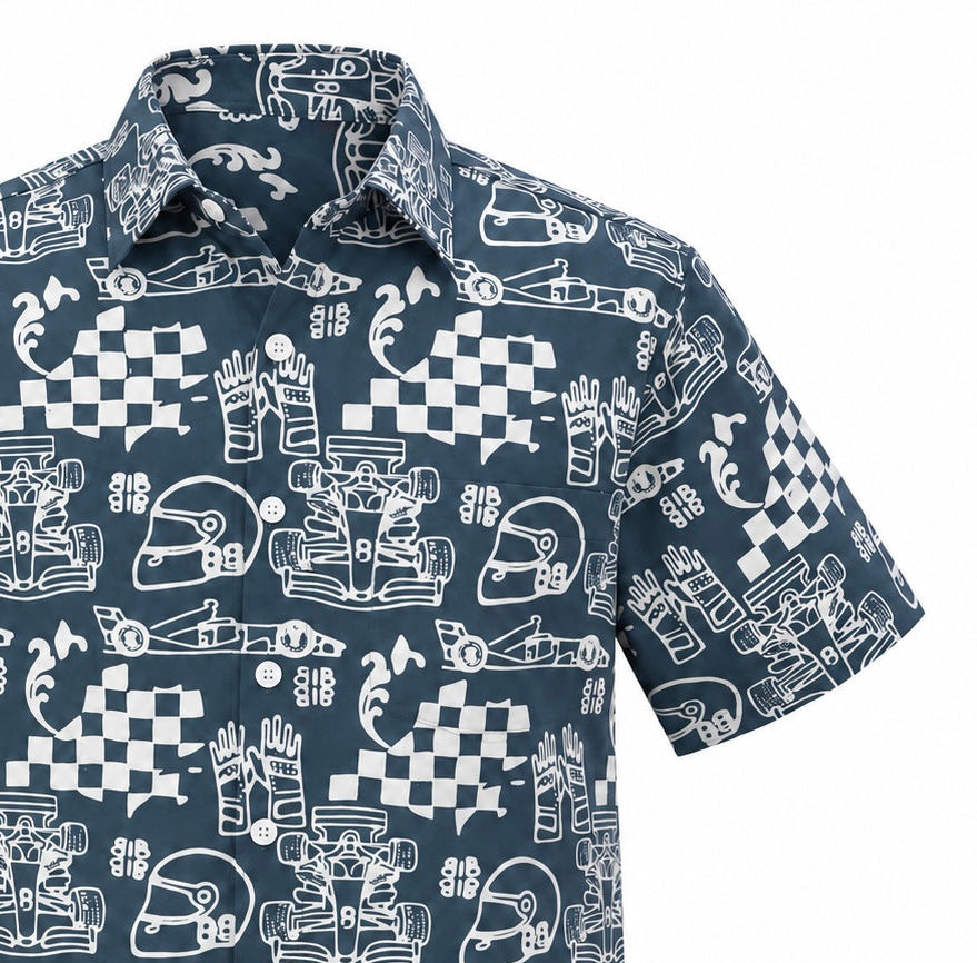 (SSPC-RF-GRY) Short Sleeve Pointed Collar Grey Racing Flags Batik Shirt