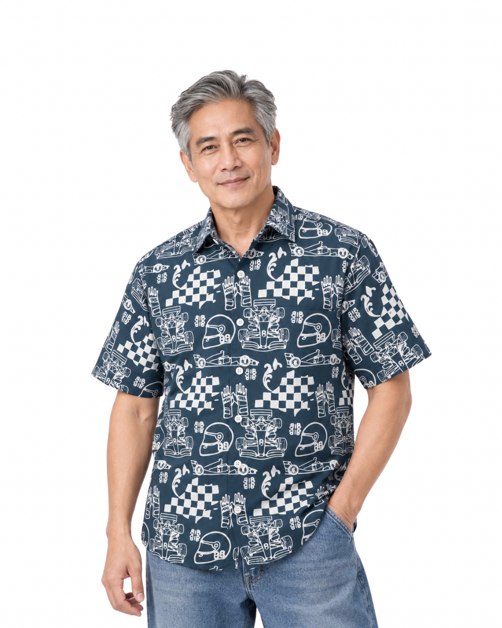 (SSPC-RF-GRY) Short Sleeve Pointed Collar Grey Racing Flags Batik Shirt