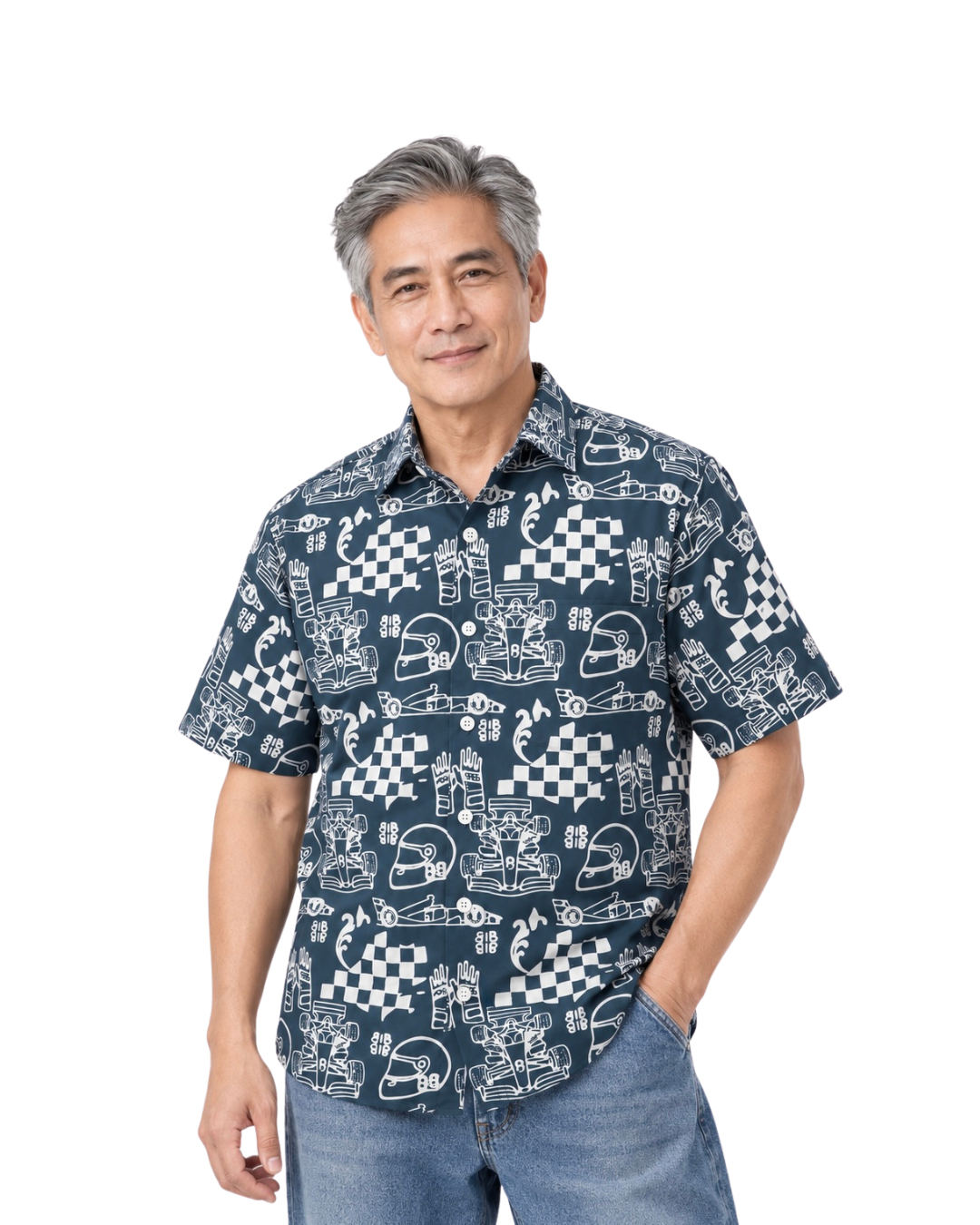 (SSPC-RF-GRY) Short Sleeve Pointed Collar Grey Racing Flags Batik Shirt
