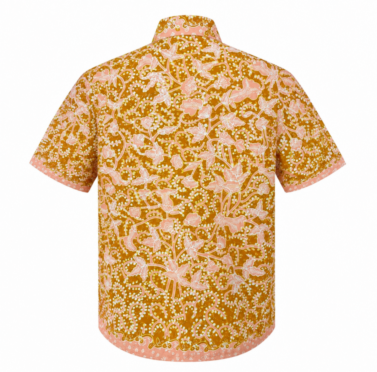 (SSPC-FIT-MUS) Short Sleeve Pointed Collar Mustard Yellow Floral Hand-Drawn Batik Shirt