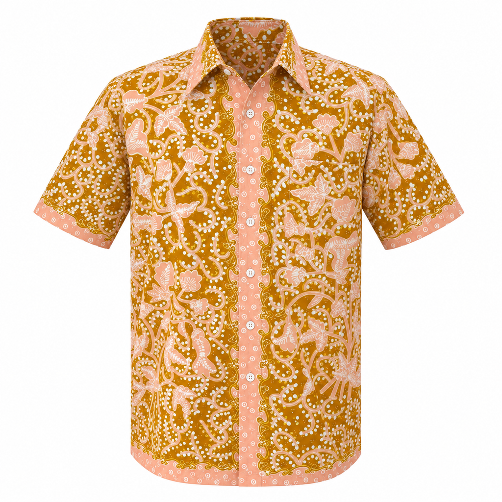 (SSPC-FIT-MUS) Short Sleeve Pointed Collar Mustard Yellow Floral Hand-Drawn Batik Shirt