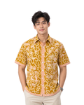 (SSPC-FIT-MUS) Short Sleeve Pointed Collar Mustard Yellow Floral Hand-Drawn Batik Shirt