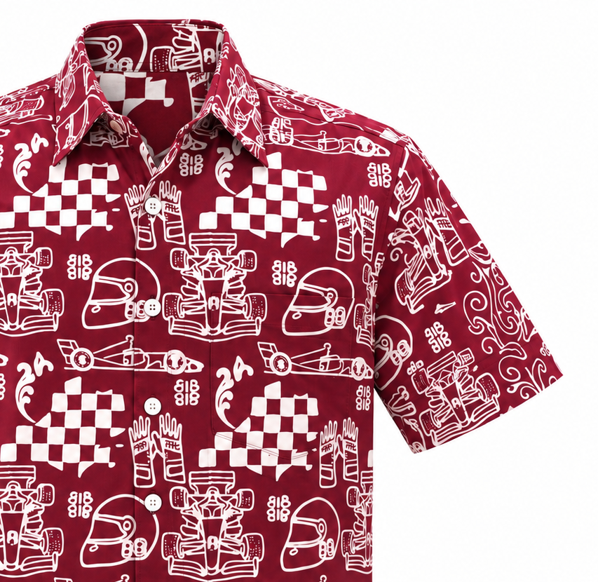 (SSPC-RF-RED) Short Sleeve Pointed Collar Red Racing Flags Batik Shirt